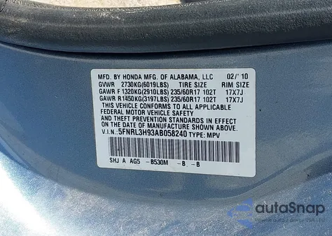 2010 Honda Odyssey Touring z USA, uszkodzony, nr VIN 5FNRL3H93AB058240